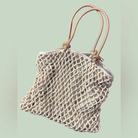 Sol Mer Women’s Woven Net Tote Bag Macrame Style with Lining & Leather Handles - Picture 1 of 5